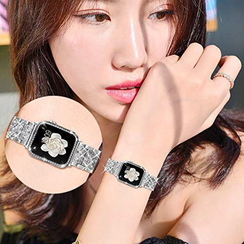 Mosonio Compatible with Apple Watch Band 42mm with Case Women, Jewelry Replacement Metal Wristband Strap with 2 Pack Bling PC Protective Protection for iWatch Series 3/2/1(Silver) Silver 42 mm