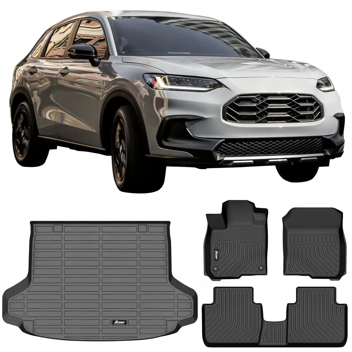 Ikon Motorsports Floor Mats & Trunk Mat Compatible With 2023-2024 Honda HR-V, Black 3D Molded Carpets Liner 1st 2nd Row Front Rear Boot Tray Protection Protection Cargo Pad TPE All Weather Protector