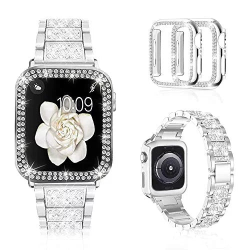 Mosonio Compatible with Apple Watch Band 42mm with Case Women, Jewelry Replacement Metal Wristband Strap with 2 Pack Bling PC Protective Protection for iWatch Series 3/2/1(Silver) Silver 42 mm