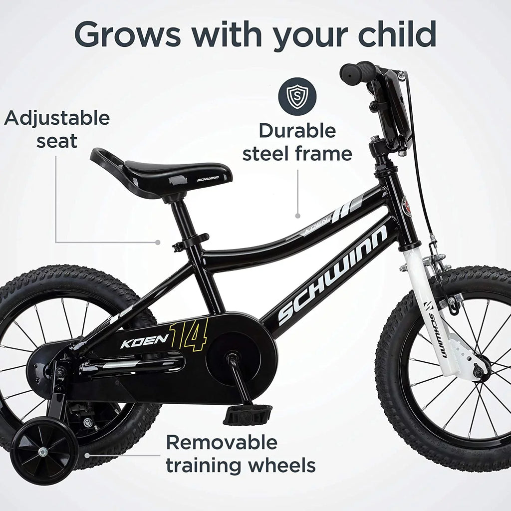 Schwinn Koen Boys Bike for Toddlers and Kids, 14 inch Wheels for Ages 2 Years and Up, Black, Training Wheels, Adjustable Seat