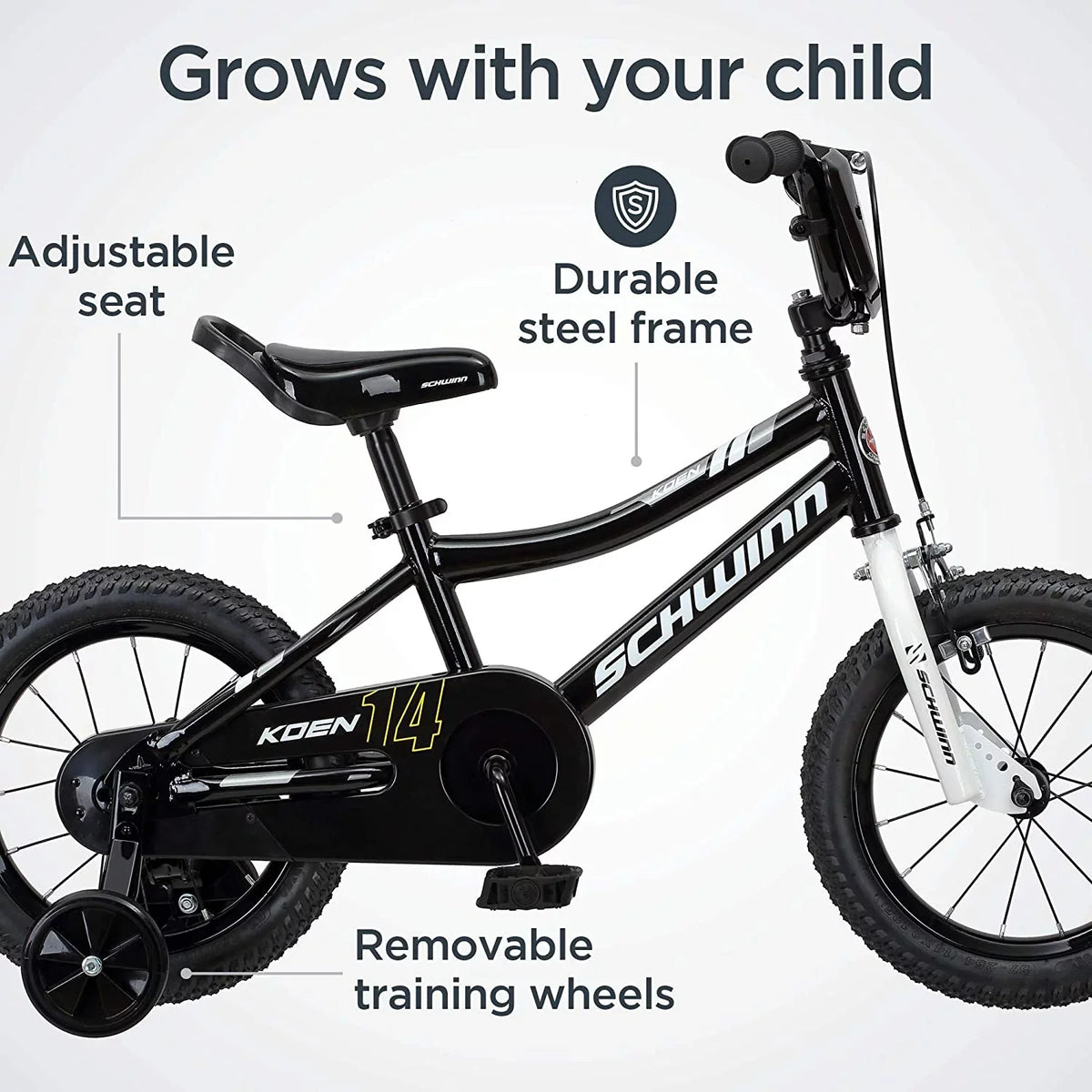 Schwinn Koen Boys Bike for Toddlers and Kids, 14 inch Wheels for Ages 2 Years and Up, Black, Training Wheels, Adjustable Seat