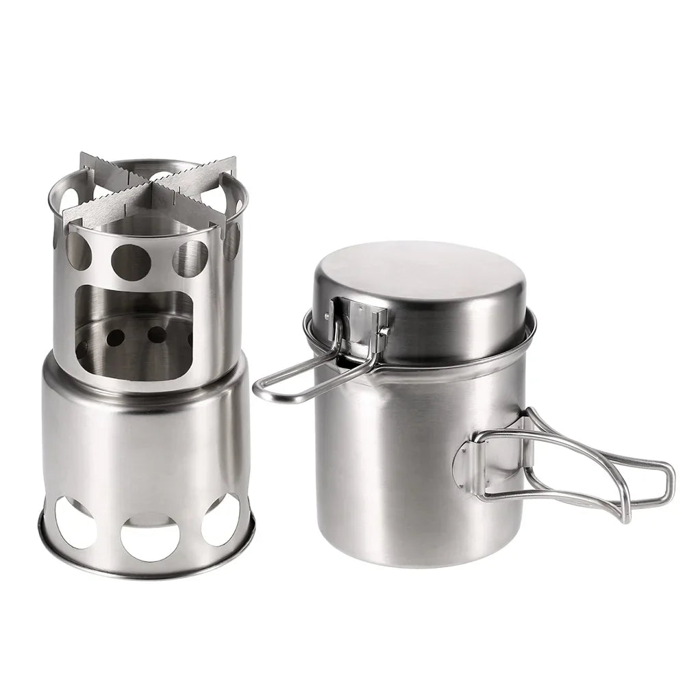 Arealer Portable Camping Stove Combo Timber Burning Stove and Cooking Pot Set for Backpacking Fishing Hiking