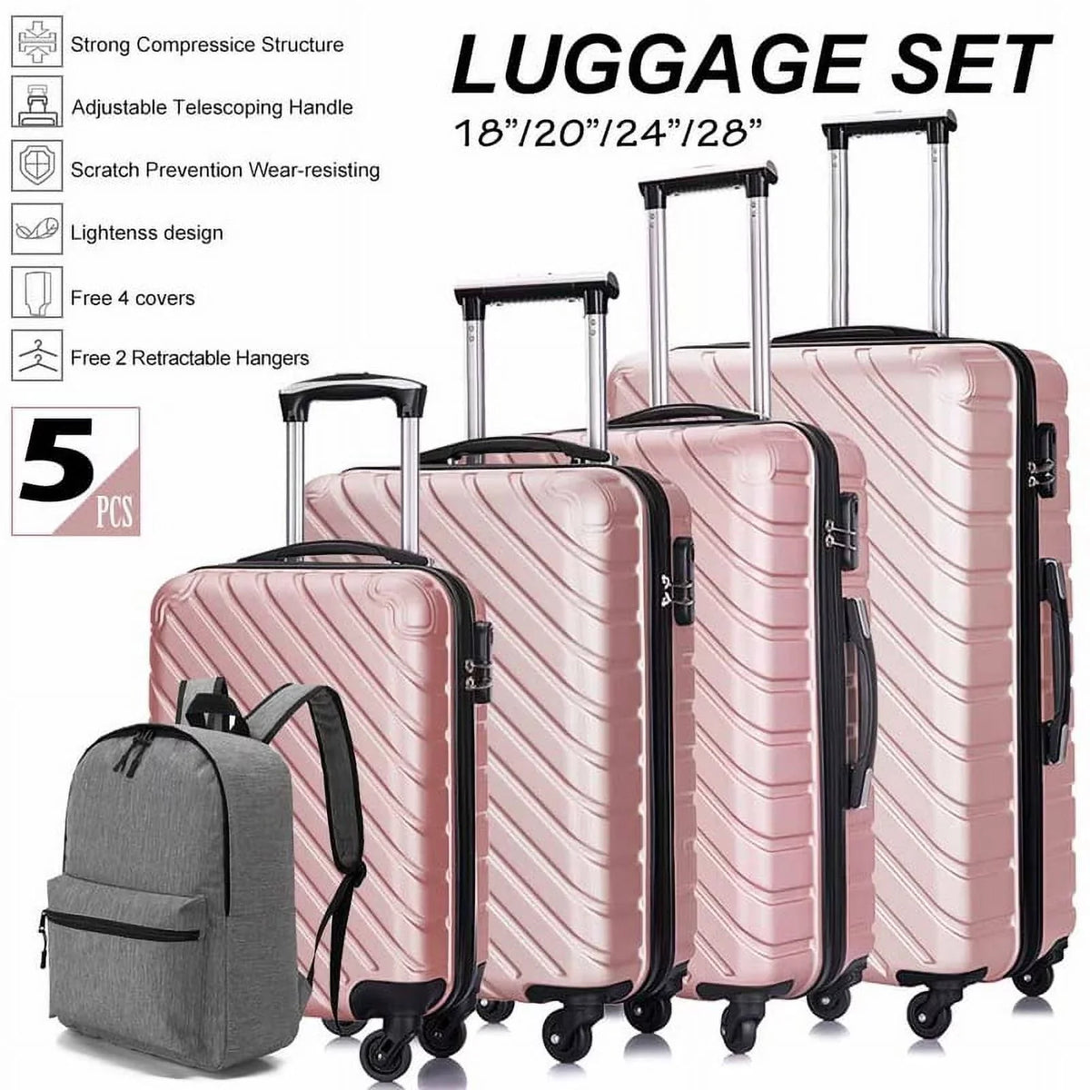 4 Piece Hardshell Luggage Sets,Travel Suitcase,Carry On Luggage with Spinner Wheels Free Enclosure Inside rose gold