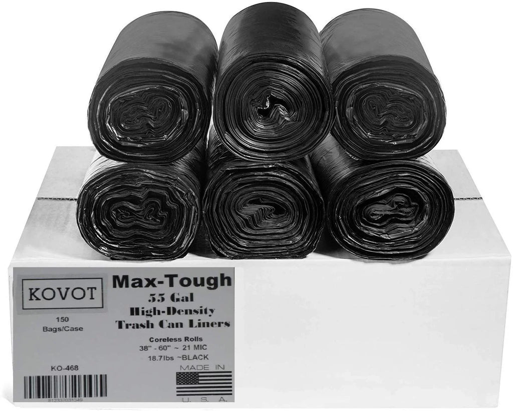 RL-386021K Max-Tough 55 Gal. High Density Star Seal Coreless Rolls Black Trash Bag, (Pack of 150)