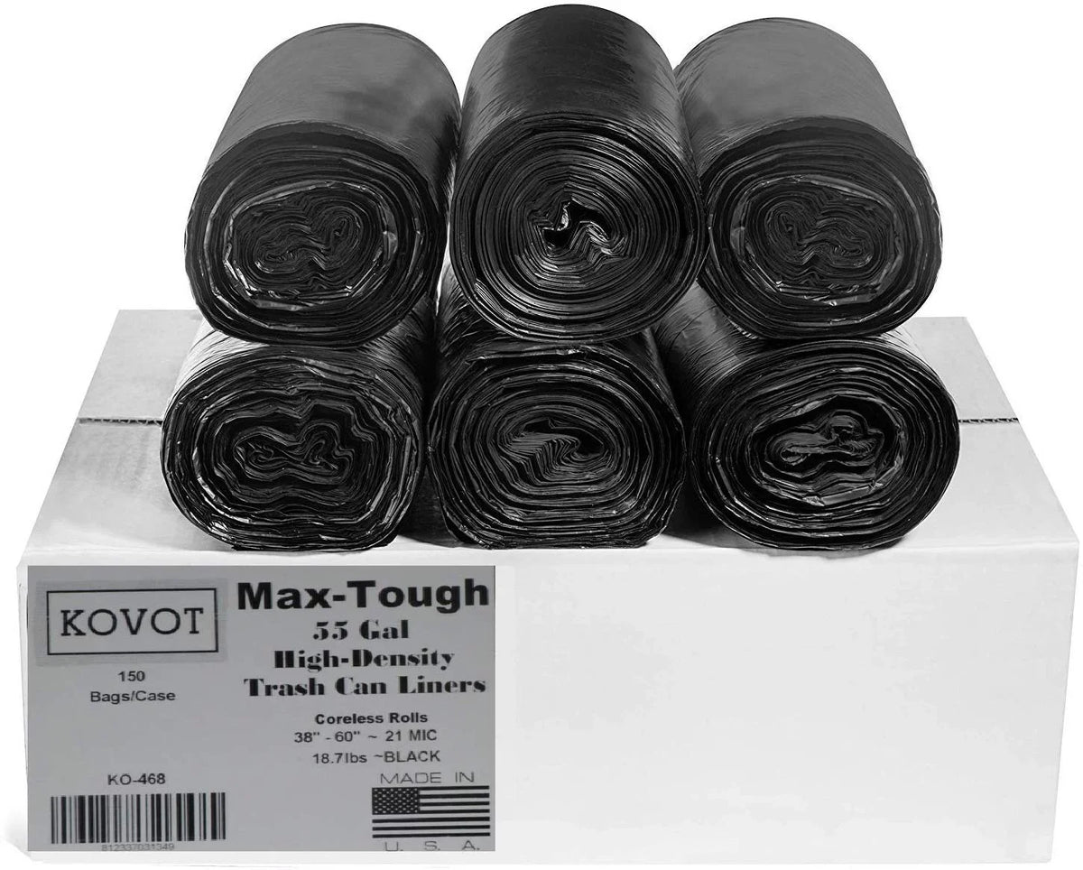 RL-386021K Max-Tough 55 Gal. High Density Star Seal Coreless Rolls Black Trash Bag, (Pack of 150)