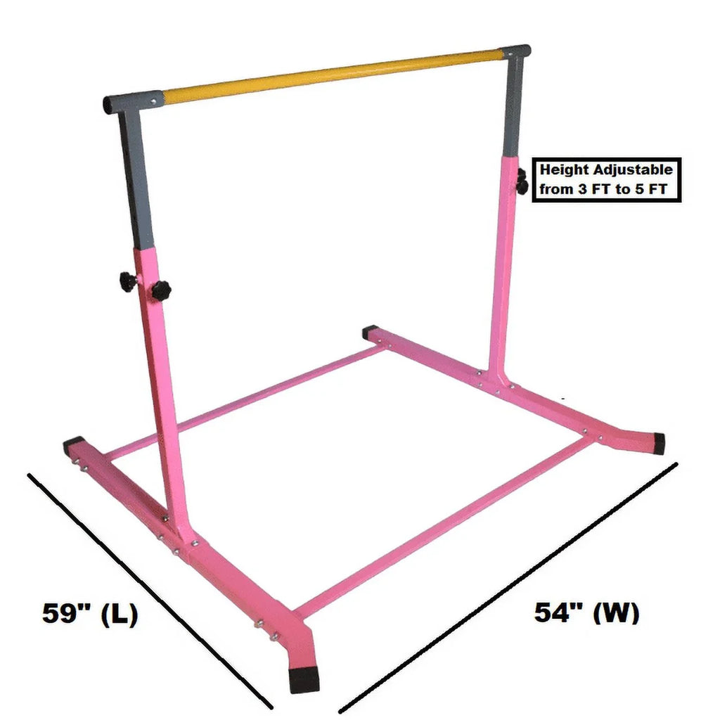 5 Star-TD Pink Gymnastic Kip Bar for Kids, Expandable 3-5 FT, Adjustable Height Horizontal Bar, Heavy Duty Curved Legs, Junior Training Equipment, Home Gymnastics, Strong and Sturdy