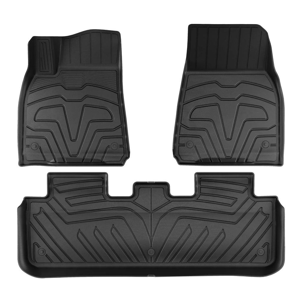 Ikon Motorsports 3D TPE Floor Mats + Trunk Mat Compatible with 2020-2023 Tesla Model Y, All Weather Floor Liners, Front & 2nd Row Full Set Custom Protection Heavy Duty Rear Tray Cargo Mats, Black