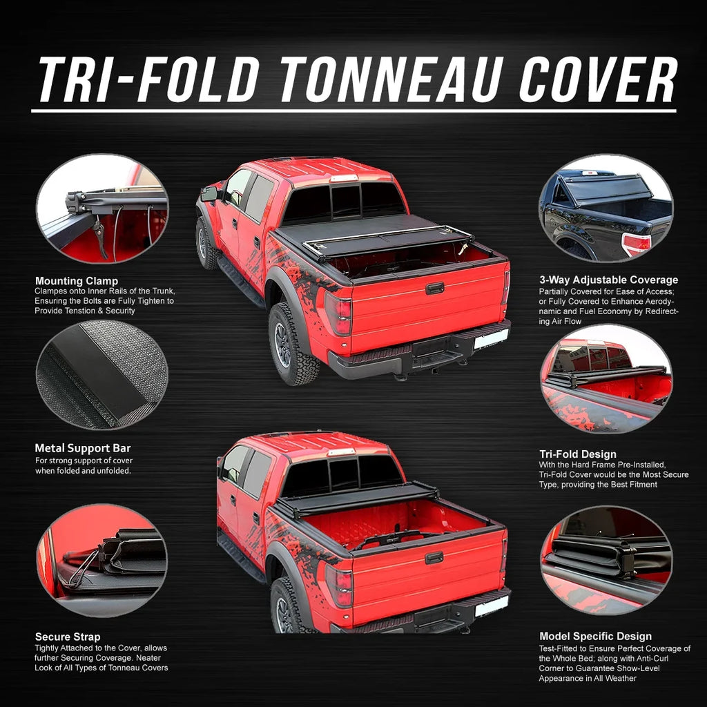 DNA Motoring TTC-TRISOFT-057 For 2014 to 2019 toyota Tundra 6.5' Bed Fleetside Adjustable Tri -Fold Soft Top Trunk Tonneau Enclosure 15 16 17 18