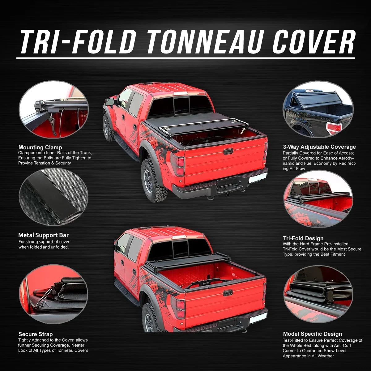 DNA Motoring TTC-TRISOFT-057 For 2014 to 2019 toyota Tundra 6.5' Bed Fleetside Adjustable Tri -Fold Soft Top Trunk Tonneau Enclosure 15 16 17 18