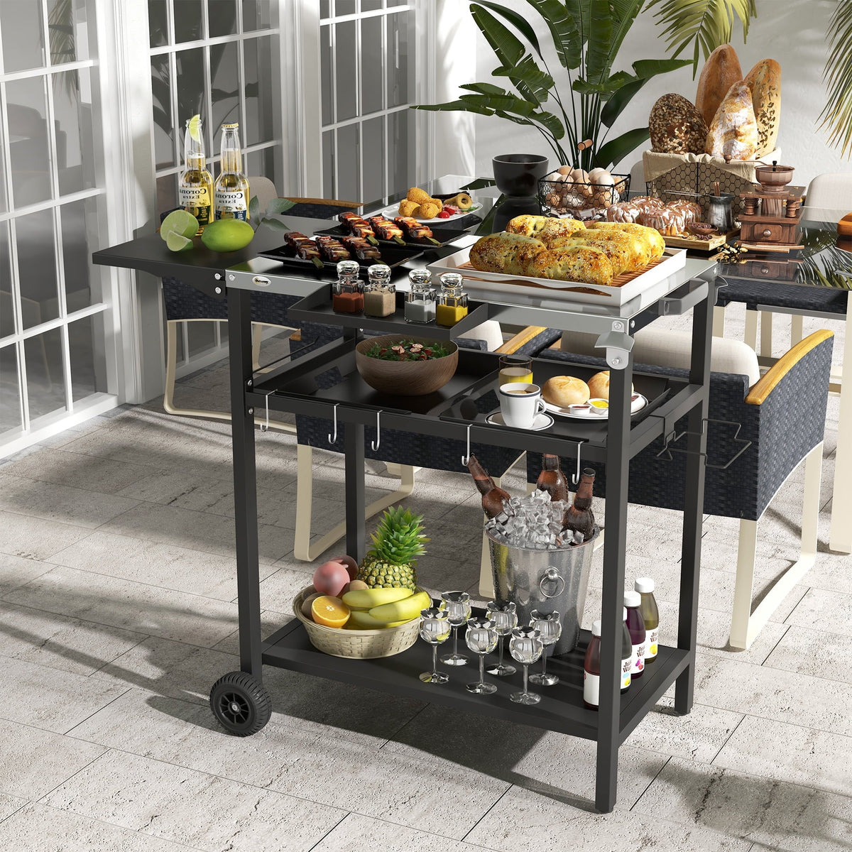 Outdoor Bar Cart with Stainless Steel Tabletop, Kitchen Island with Wheels, 2 Tiers & Seasoning Shelf, Patio Serving Cart with Hooks, Towel & Garbage Bag Holder, Plates & Spice Jars, Black