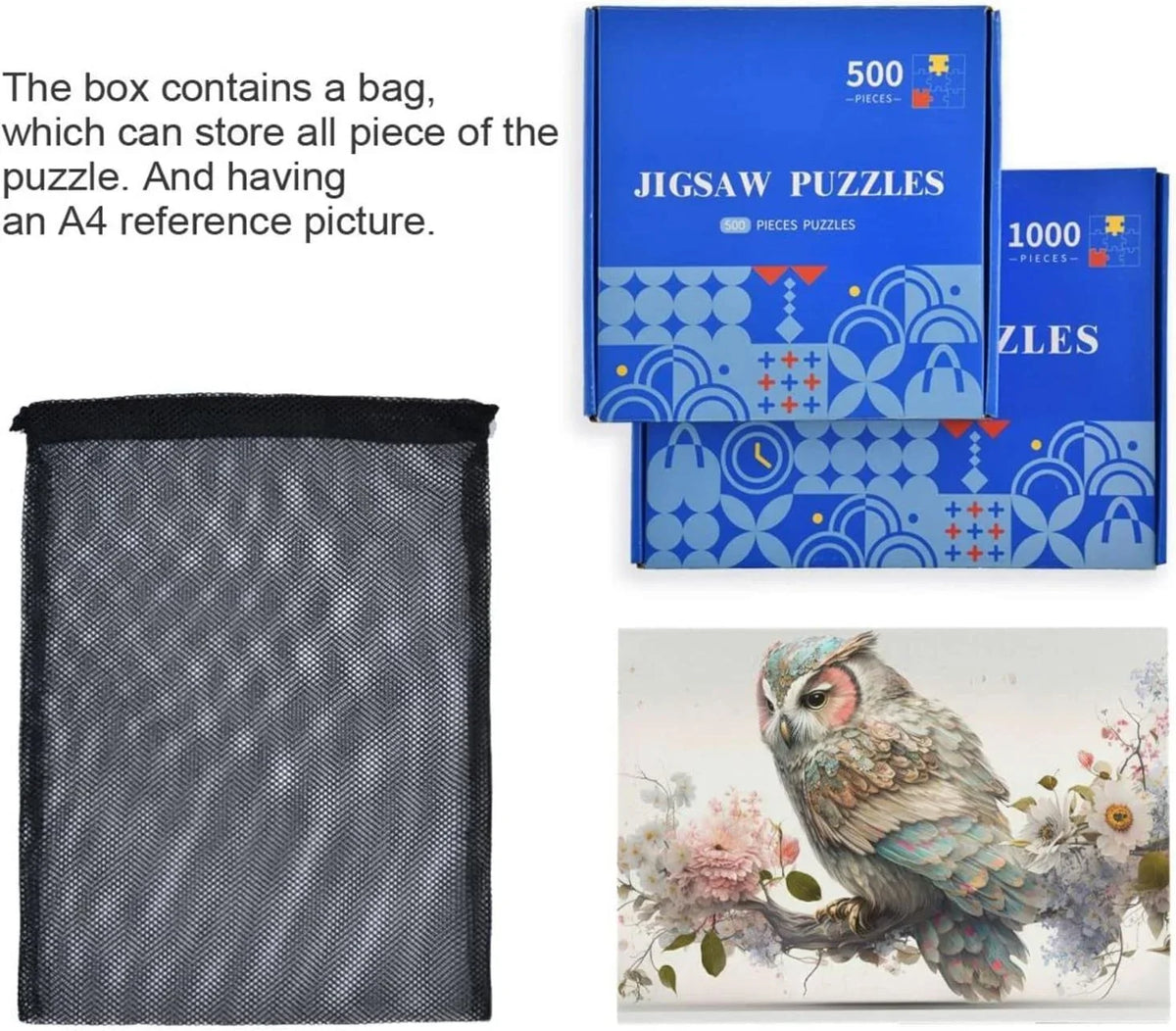 500 PCS Art Floral Owl Jigsaw Puzzle, Paper Timber Composite Material Zigsaw with Storage Bag, Puzzle for Adults, Fun Challenging Brain Exercise Family Game Gift for Kids Friends Parents