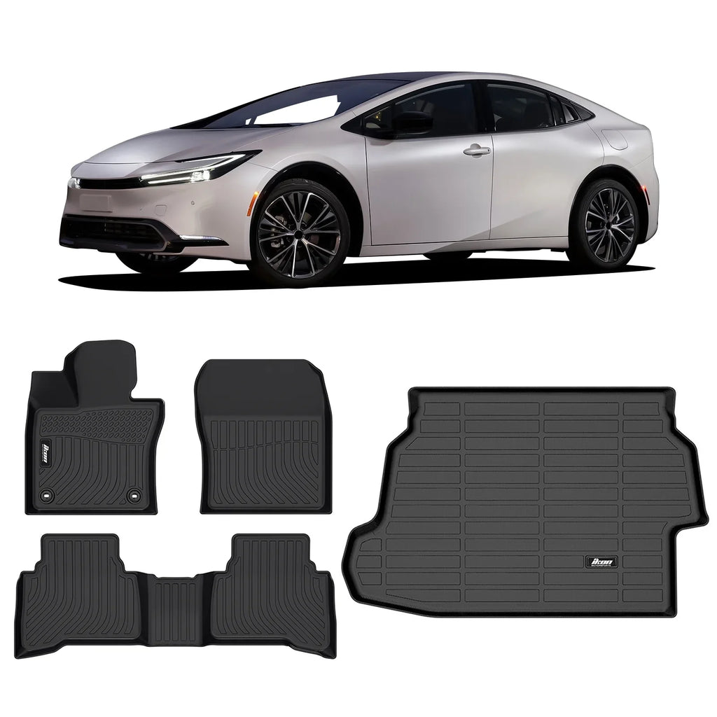 Ikon Motorsports Floor Mats & Trunk Mat Compatible With 2023-2024 Toyota Prius , Black 3D Molded Carpets Liner 1st 2nd Row Front Rear Pad 4PC TPE Thermo Plastic Elastomer All Weather Protector