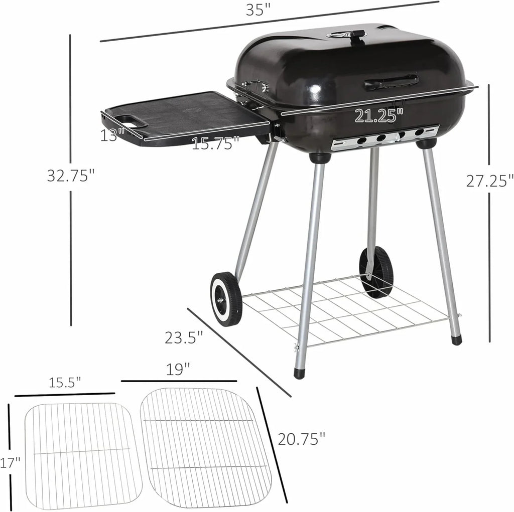 Portable Charcoal Grill with Foldable Side Shelf and Bottom Shelf, BBQ Smoker with Wheels and Adjustable Vents on Lid for Picnic Camping Backyard Cooking, Black