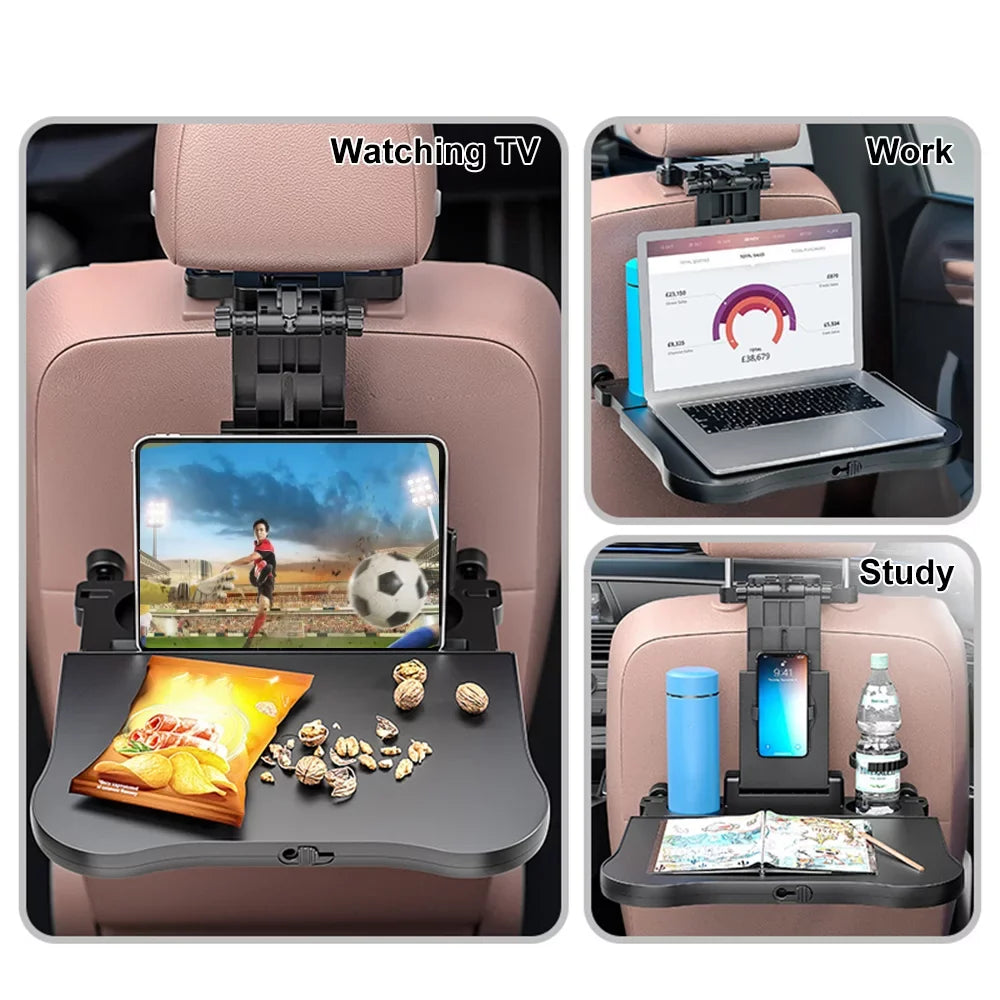 Multifunctional Car Back Seat Table: Adjustable Travel Tray with Phone Holder - Foldable, Ideal for Working, Writing, Eating - Convenient Black Arrangement