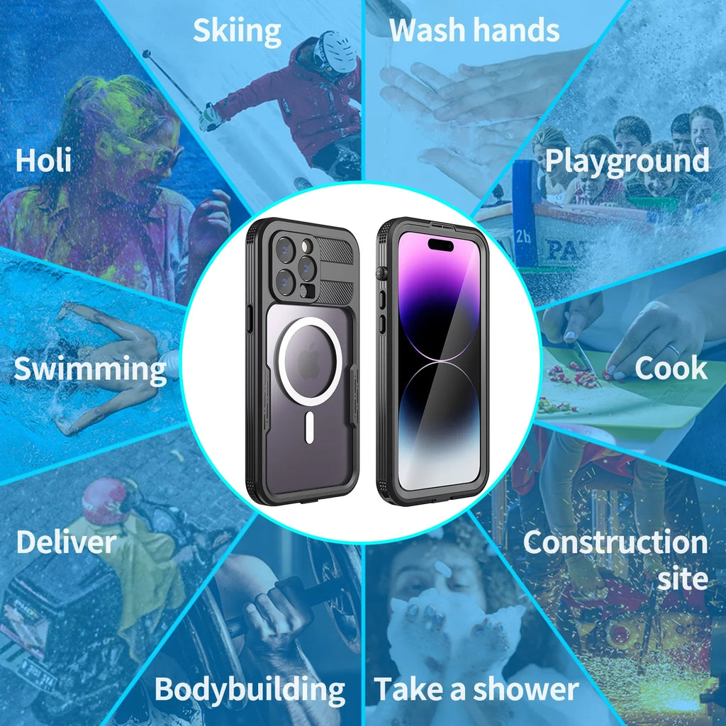 for iPhone 14 Pro 6.1" Case Waterproof, Built-in 6H Screen Protector [Real 360][IP68 Underwater][14FT Military Dropproof][Dustproof][Compatible with MagSafe] for iPhone 14 Pro - Black