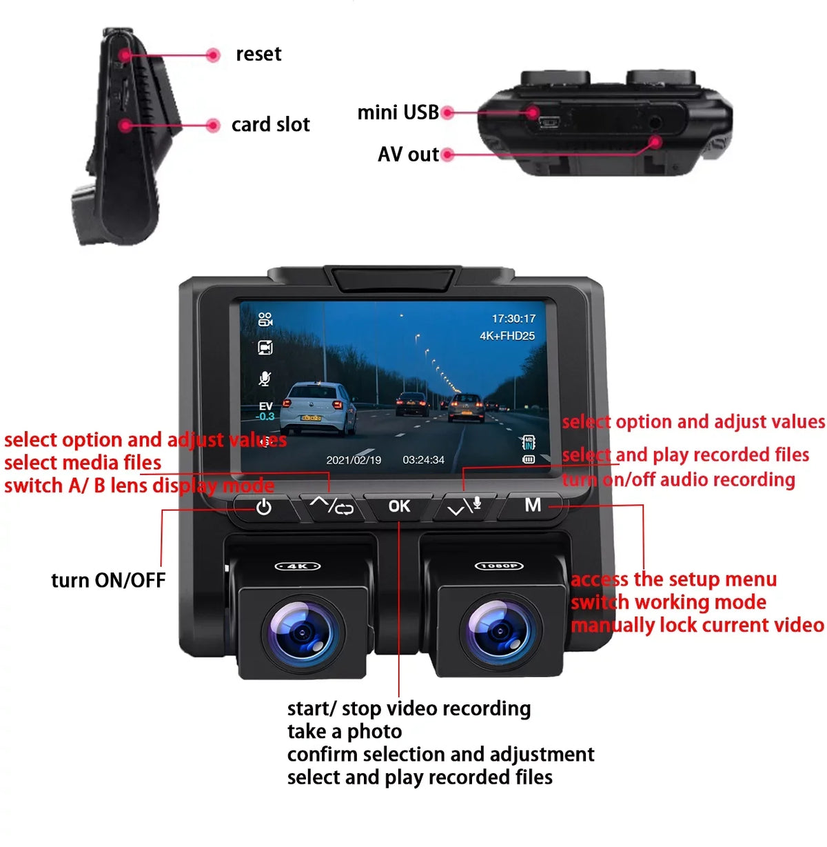 4K Dash Camera TOGUARD 4K+1080P Dash Cam Front and Inside 3" LCD Screen Car Camera Loop Recording Parking Mode G-Sensor