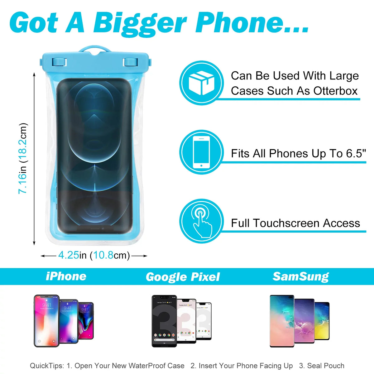 Urbanx Universal Waterproof Phone Pouch Cellphone Dry Bag Case Arrangement For Sonim XP8 Perfect Fit for All Other Smartphones Up To 7" - 3 Cases - Mixed Colors