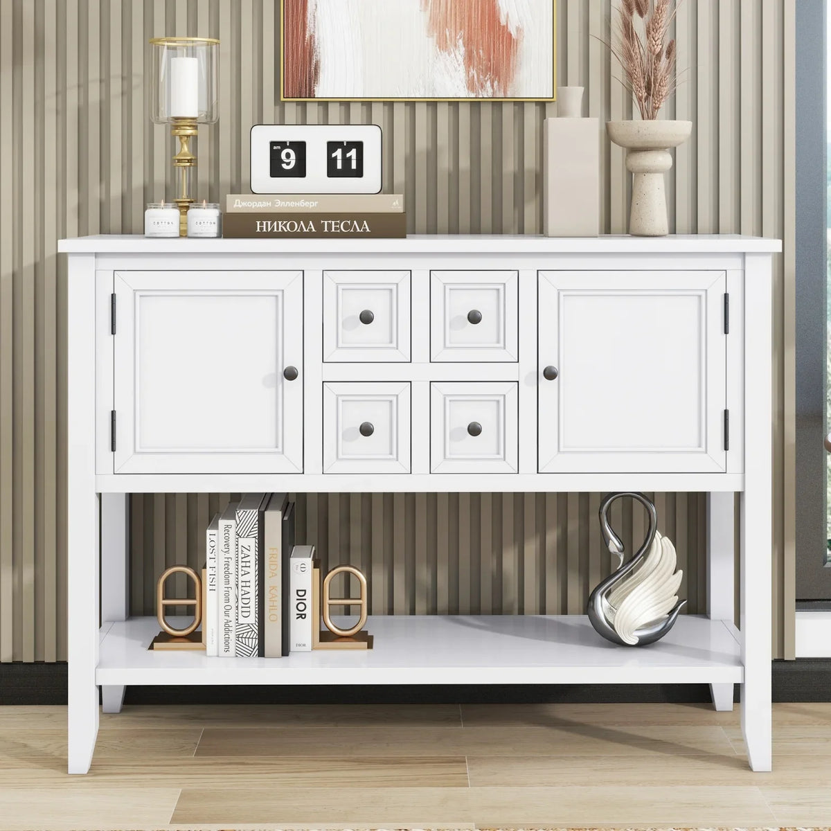 TREXM Cambridge Series Ample Storage Vintage Console Table with Four Small Drawers and Bottom Shelf for Living Rooms Entrances and Kitchens (Light Navy OLD SKU WF190263AAH)