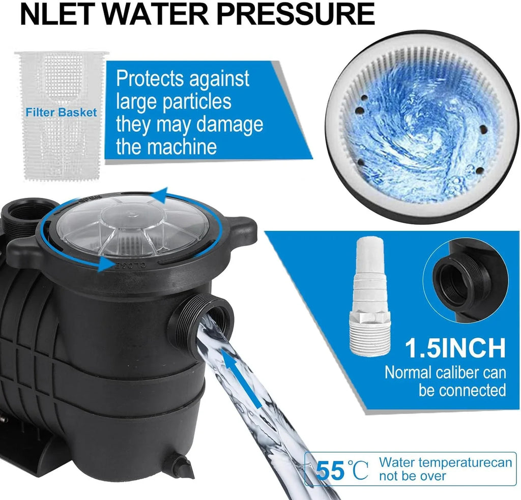 Self Primming Pool Pump, Inground Above Ground Swimming Pool Pump Upgraded 110V/220V Dual Voltage, 1100W 60HZ Single Speed Pumps With Strainer Basket Silent Operation