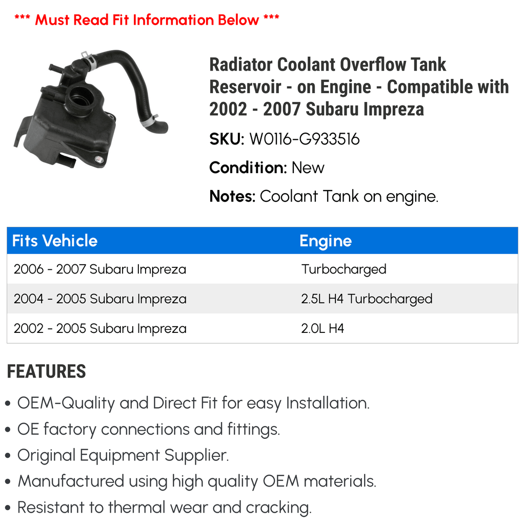 Radiator Coolant Overflow Tank Reservoir - on Engine - Compatible with 2002 - 2007 Subaru Impreza 2003 2004 2005 2006