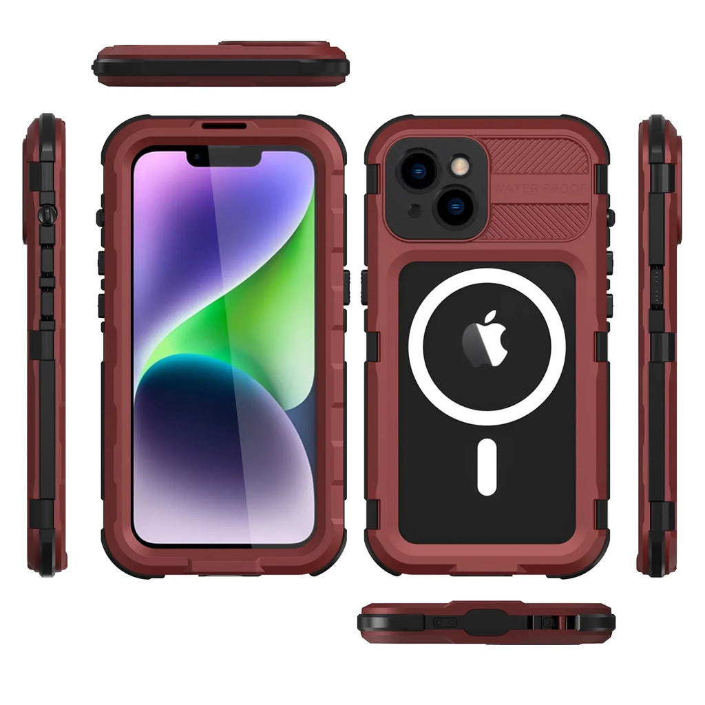 for iPhone 14 Plus Case Waterproof Shockproof Dustproof Full-Body Sturdy with Camera Lens Protection and Built-in Screen Protector,Underwater Full Sealed Enclosure for iPhone 14 Plus, Red