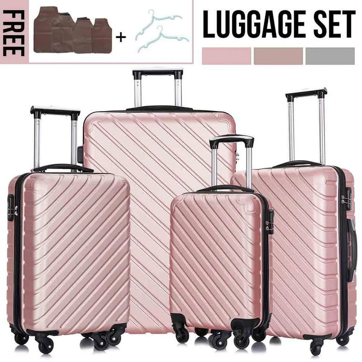 4 Piece Hardshell Luggage Sets,Travel Suitcase,Carry On Luggage with Spinner Wheels Free Enclosure Inside rose gold