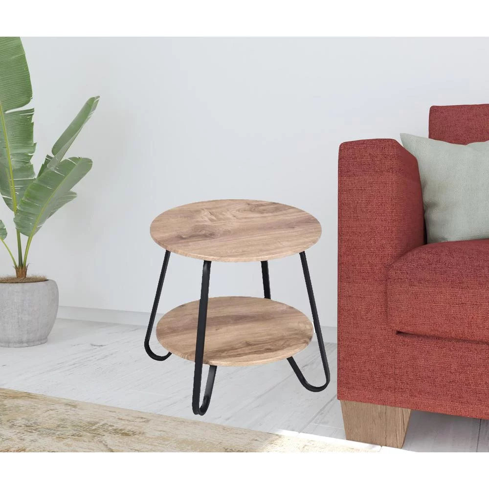 HomeRoots 483708 18 in. Manufactured Plank & Steel Round End Table, Black & Oak