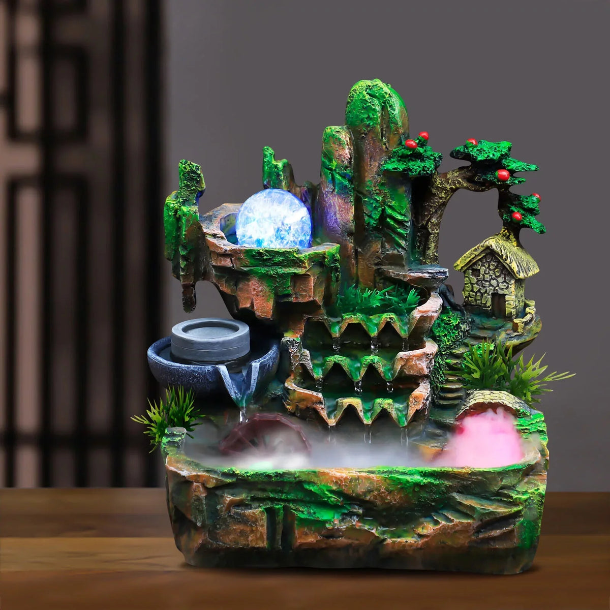 ZhdnBhnos Indoor Tabletop Fountain With Atomizer & Led Light Rockery Waterfall Home Office Fengshui Decoration