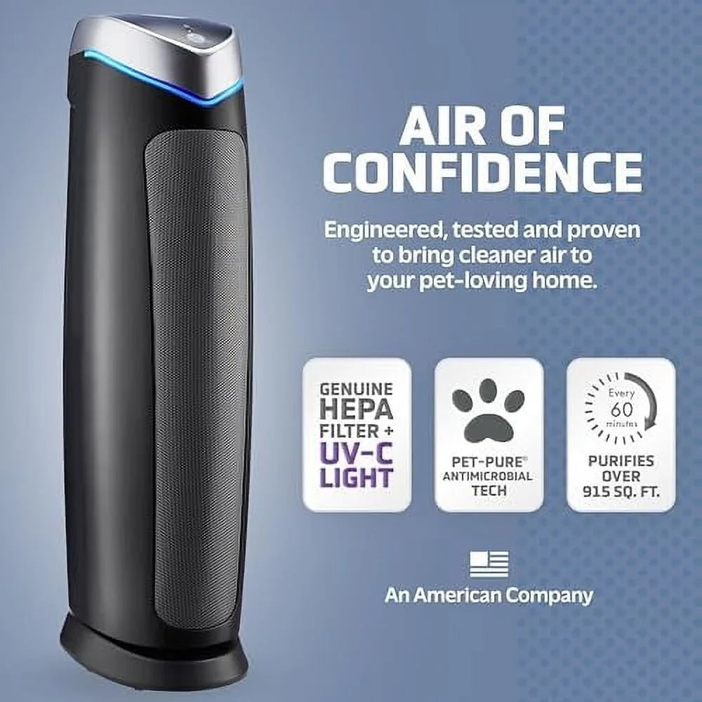 GermGuardian Air Purifier with Genuine HEPA 13 Pet Pure Filter, Removes 99.97% of Pollutants, Protection Large Rooms up to 915 Sq. ft. in 1 Hour, UV-C Light Helps Reduce Germs, 28", Black, AC5250PT