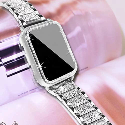 Mosonio Compatible with Apple Watch Band 42mm with Case Women, Jewelry Replacement Metal Wristband Strap with 2 Pack Bling PC Protective Protection for iWatch Series 3/2/1(Silver) Silver 42 mm