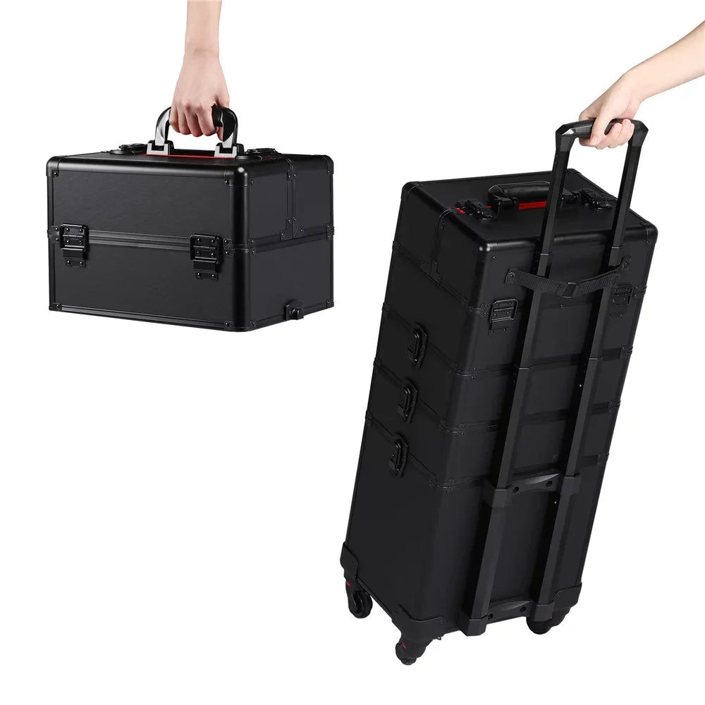 Alden Arrangement Professional 4-in-1 Aluminum Travel Cosmetic Makeup Case, Black