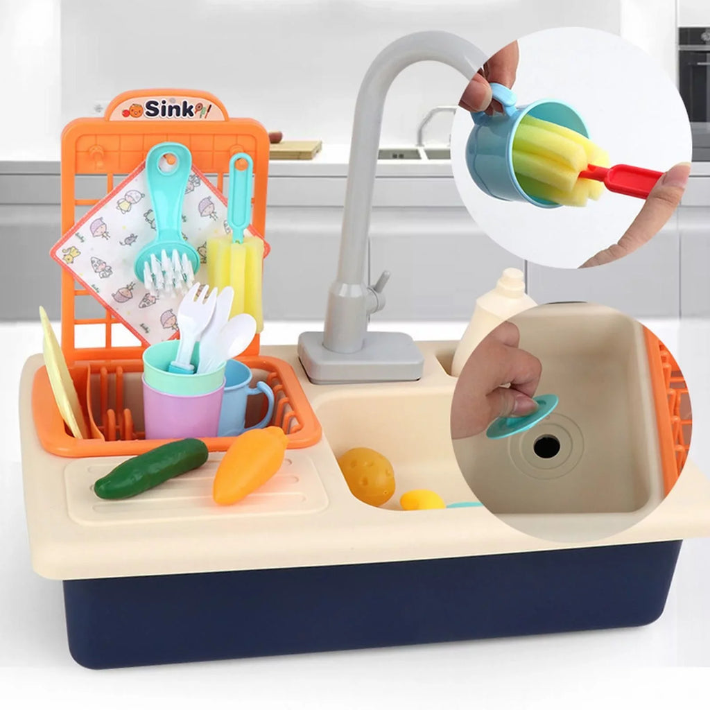 Kitchen Sink Toys Children Electric Dishwasher Playing Toy With Running Water Automatic Water Cycle System Play House Pretend Role Play Toys for Boys Girls Alphabet Board Game Board for Toddlers