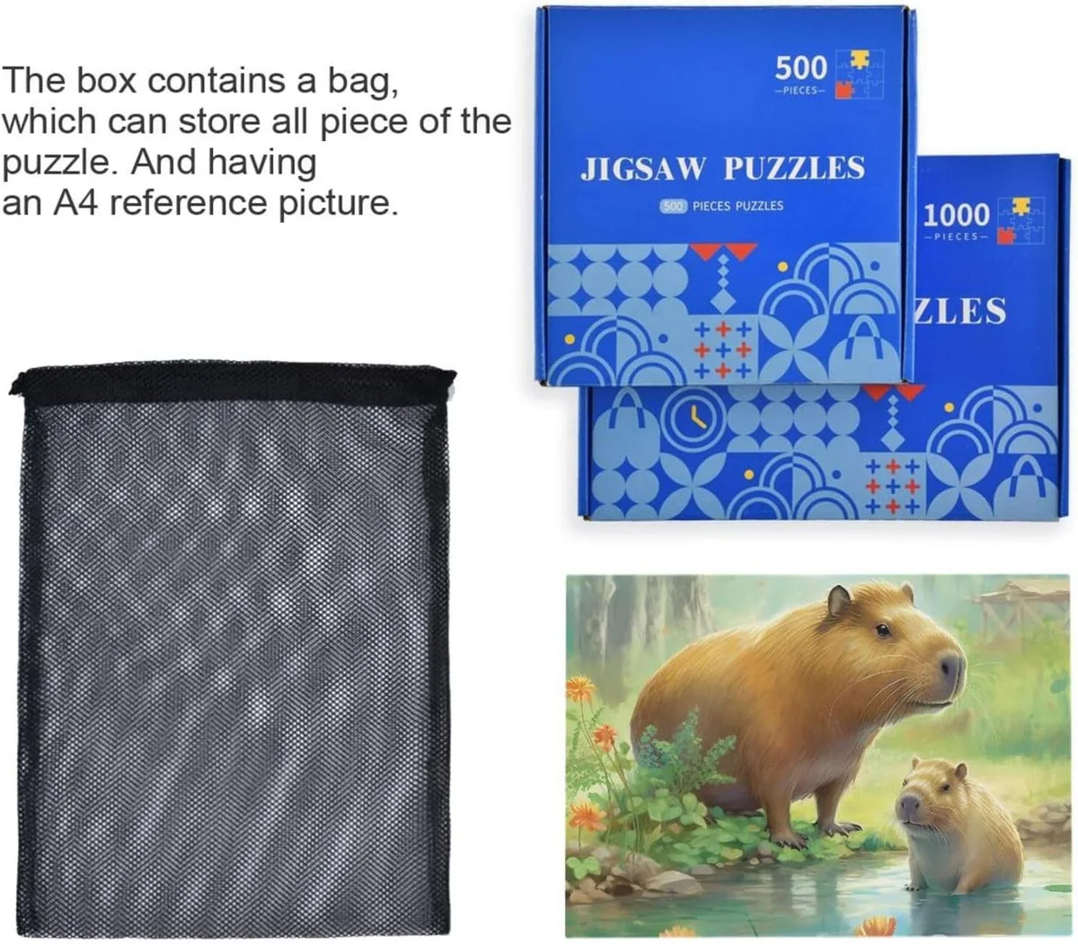 1000 PCS Capybara Family Jigsaw Puzzle, Paper Timber Composite Material Zigsaw with Storage Bag, Puzzle for Adults, Fun Challenging Brain Exercise Family Game Gift for Kids Friends Parents
