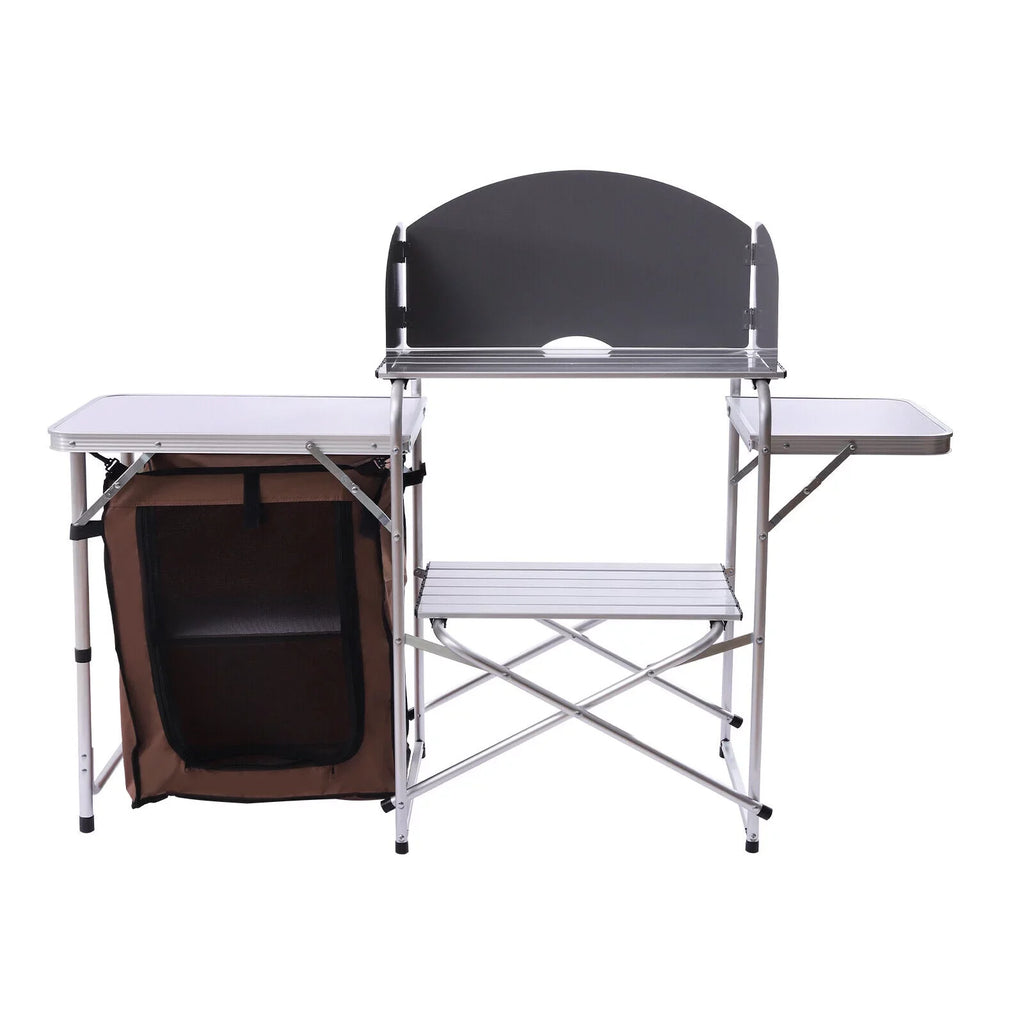 DENEST Folding Camping Kitchen Station Portable Barbecue Table Rack Brown Fabric Shield