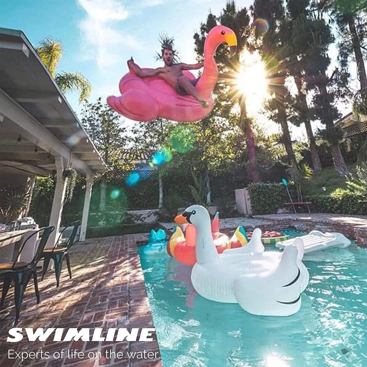 SWIMLINE ORIGINAL 90627 Giant Inflatable Flamingo Pool Float Floatie Ride-On Lounge W/ Stable Legs Wings Large Rideable Blow Up Summer Beach Swimming Party Lounge Big Raft Tube Decoration Toys Kids