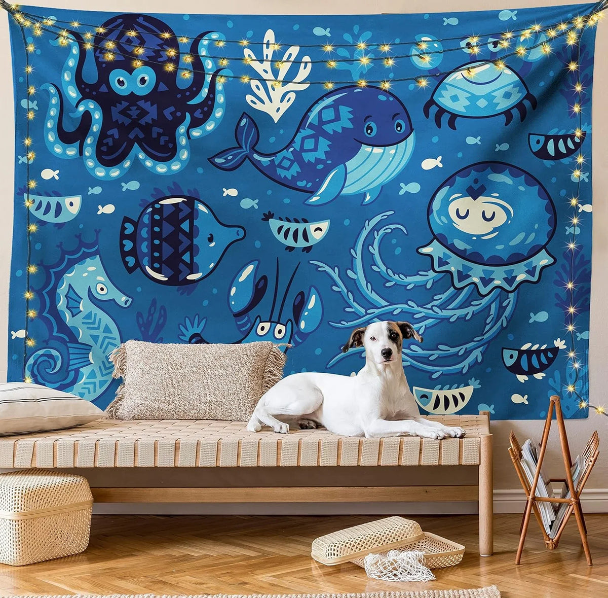 Ocean Tapestry, Deep Sealife With Cartoon Animals Little Whale Fish Octopus And Moss Print, Fabric Wall Hanging Decor For Bedroom Living Room Dorm, 45" X 30", Blue