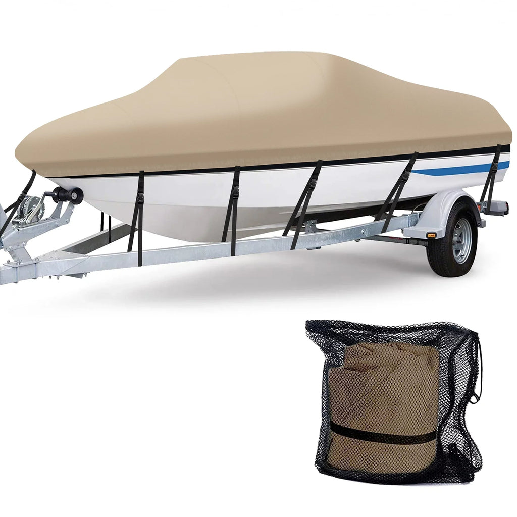 AngLink 17 - 19 ft Waterproof Boat Shield - 600D Heavy Duty Polyester Oxford Bass Runabout Boat Protection Sturdy and Tear Proof, All Weather Protection Fits V-Hull, TRI-Hull, Pro-Style | Beige