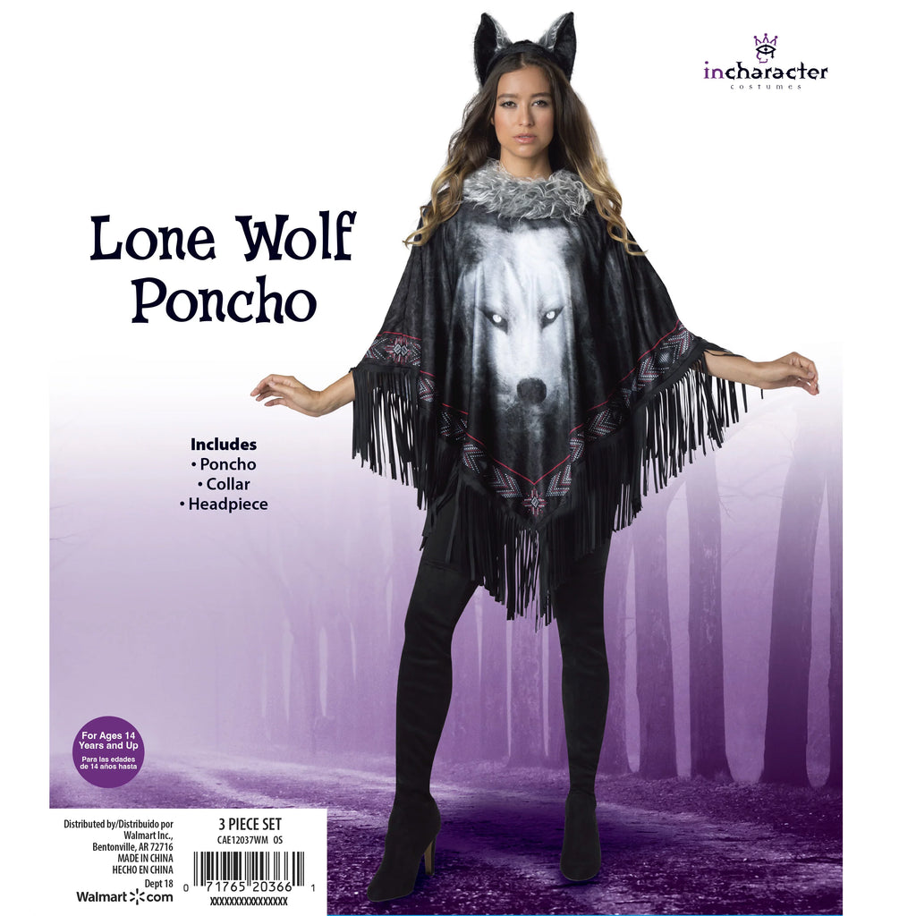 Fun World Lone Wolf Poncho Multi-Color Halloween Costume Set, Women Female Adult