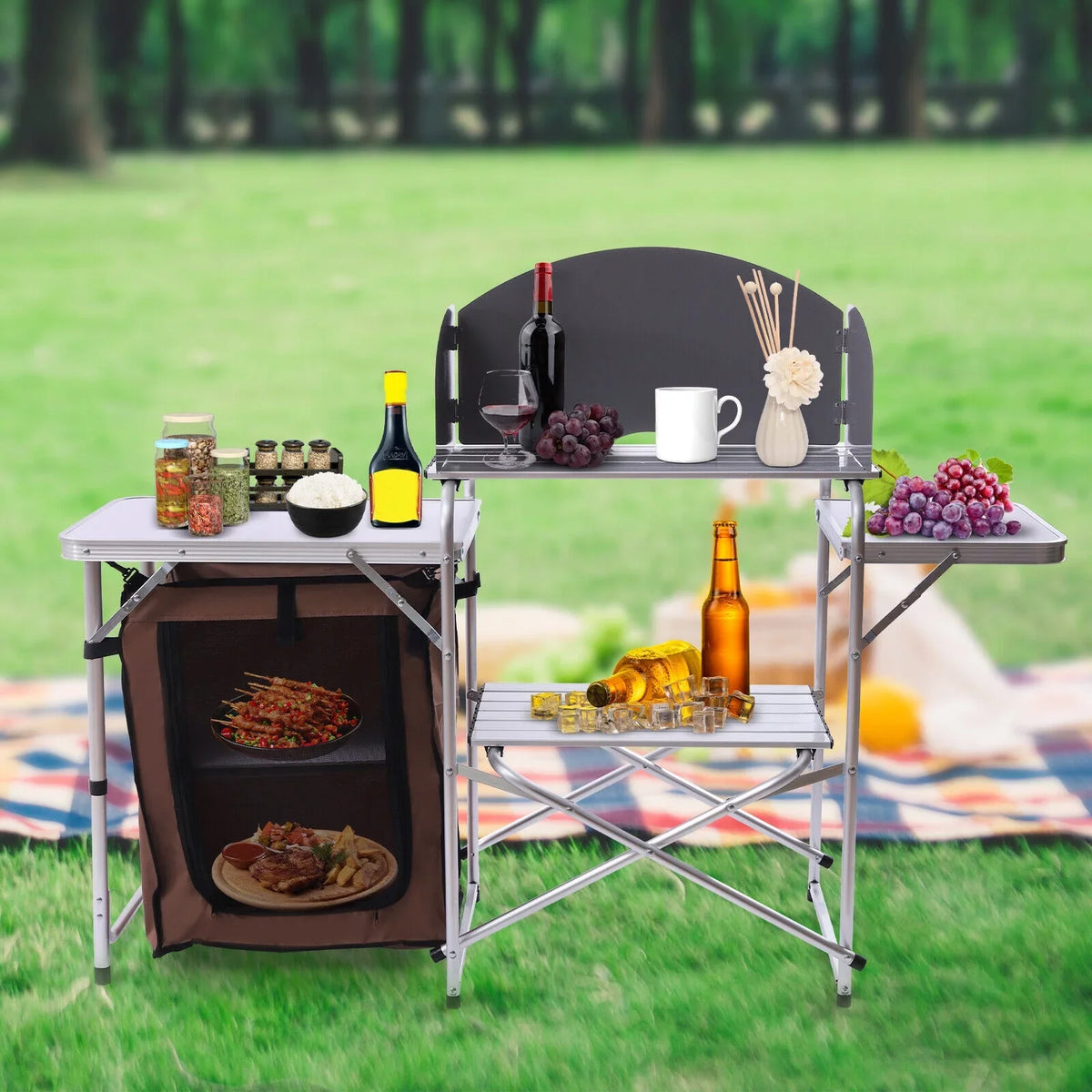 DENEST Folding Camping Kitchen Station Portable Barbecue Table Rack Brown Fabric Shield