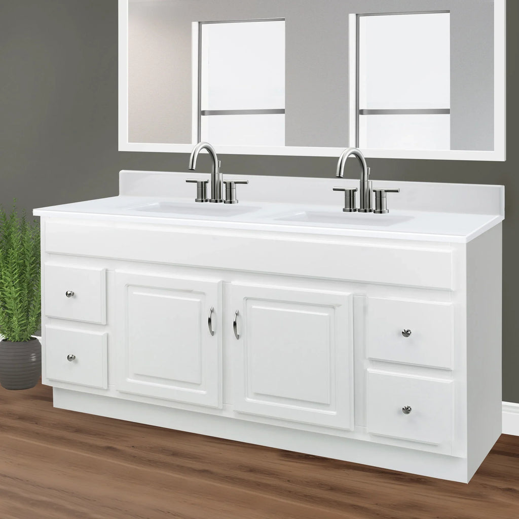 Pattern House 557678-WHT 61-inch Camilla Cultured Marble Centerset Mount Rectangle Double Bowl Vanity Top with Integrated Backsplash, Strong White