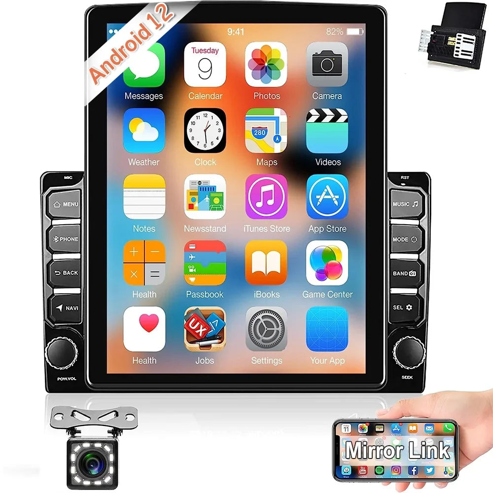 Podofo Double 2 Din 9.7 inch Vertical Touch Screen Car Stereo Radio Android 12 Mirror Link GPS Navi Bluetooth Wifi GPS FM USB with Backup Camera