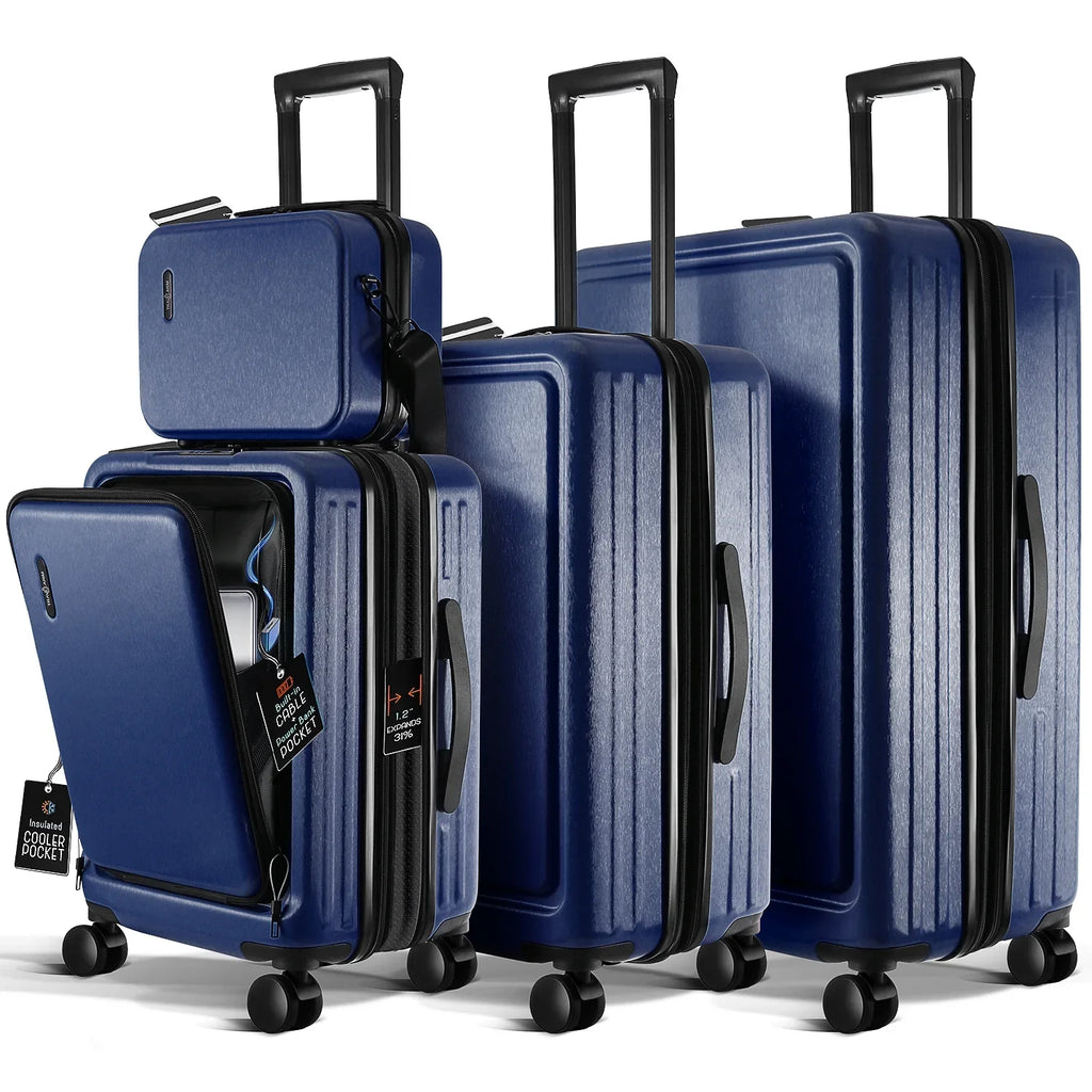 StorageBud 4 Piece Hardshell Exapandable Luggage Set, Spinner Luggage Suitcase Set, Navy Blue