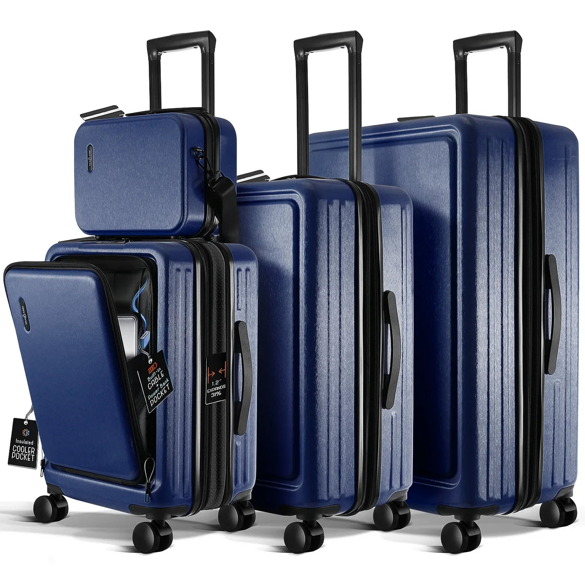 StorageBud 4 Piece Hardshell Exapandable Luggage Set, Spinner Luggage Suitcase Set, Navy Blue