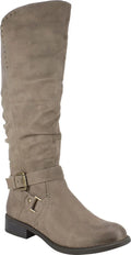 WHITE MOUNTAIN Womens Beige Studded Stretch Gore Cushioned Wide Calf Ruched Buckle Accent Liona Round Toe Block Heel Zip-Up Riding Boot 5 M WC