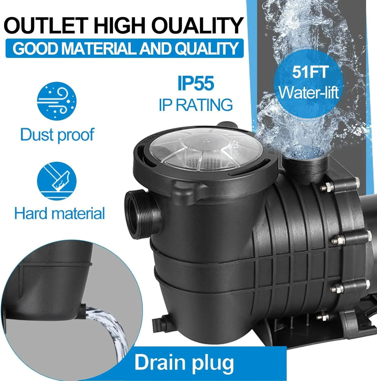 Self Primming Pool Pump, Inground Above Ground Swimming Pool Pump Upgraded 110V/220V Dual Voltage, 1100W 60HZ Single Speed Pumps With Strainer Basket Silent Operation