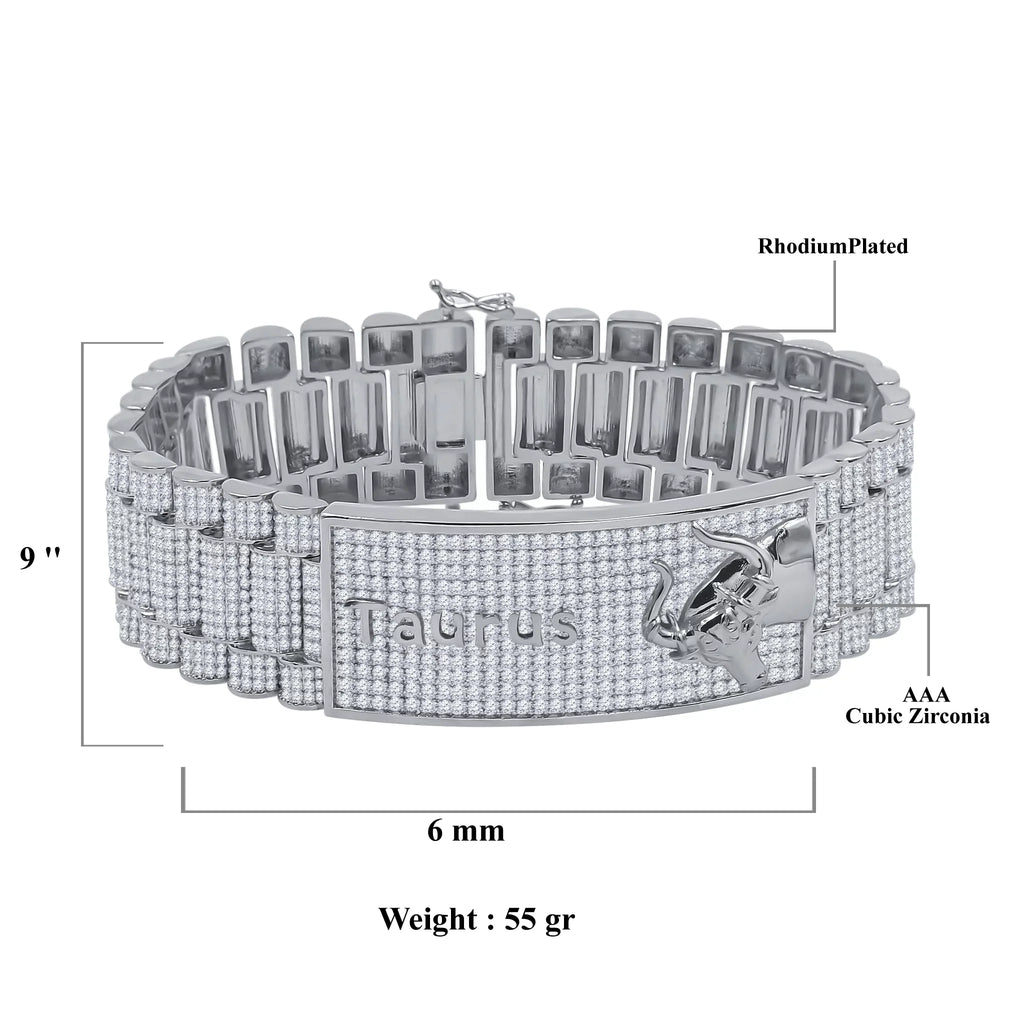 Zodiac Sign Taurus Bull 14K White Gold Finish Simulated Diamond Mens Bracelet 8.5''