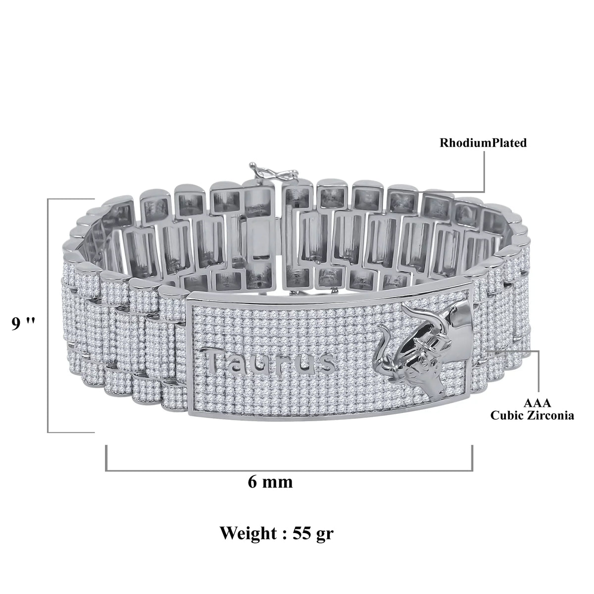 Zodiac Sign Taurus Bull 14K White Gold Finish Simulated Diamond Mens Bracelet 8.5''
