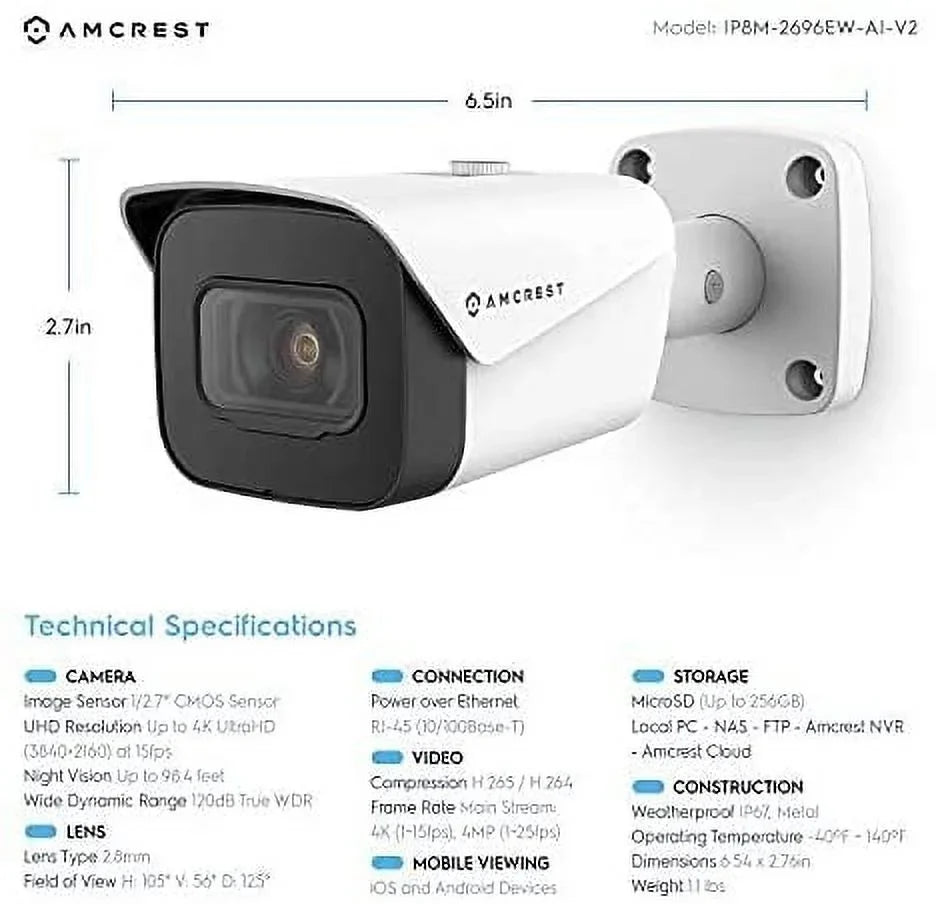 2-Pack Amcrest UltraHD 4K (8MP) Bullet POE IP Camera, 3840x2160, 131ft NightVision, 2.8mm Lens, IP67 Weatherproof, MicroSD Recording, White (2PACK-IP8M-2496EW)