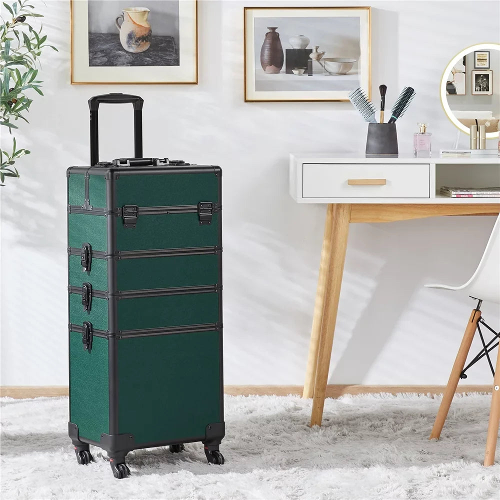 Alden Arrangement Professional 4-in-1 Aluminum Travel Cosmetic Makeup Case, Dark Green