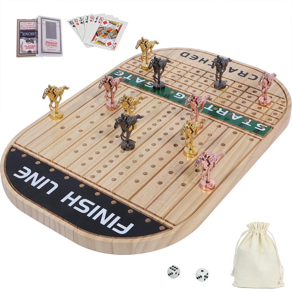 Horse Race Board Game Racing Game Thickened Pine with 11 Luxurious Sturdy Classic Metal Horses with 4 dice and 2 Boxes of Cards Across Finish Line Horse Racing Game